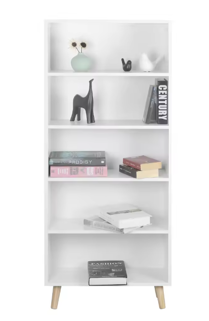 Boekenkast met 5 Vakken – Moderne Staande Opbergkast van Hout & Metaal, Wit/Licht Eiken