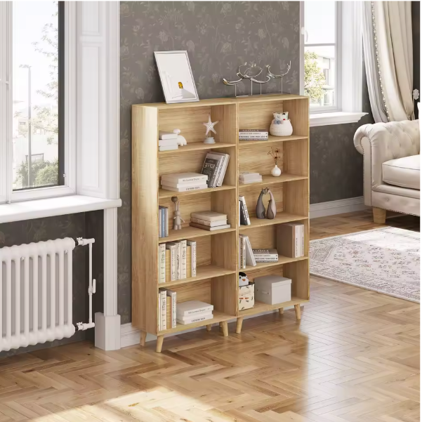 Boekenkast met 5 Vakken – Moderne Staande Opbergkast van Hout & Metaal, Wit/Licht Eiken
