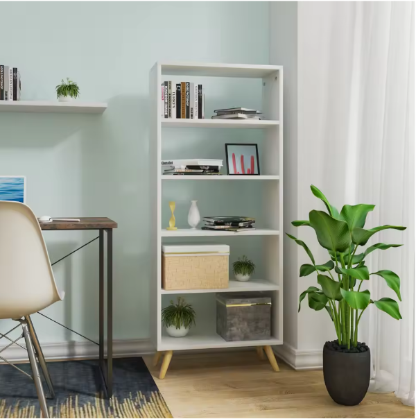 Boekenkast met 5 Vakken – Moderne Staande Opbergkast van Hout & Metaal, Wit/Licht Eiken