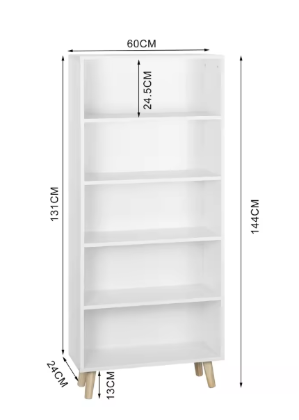 Boekenkast met 5 Vakken – Moderne Staande Opbergkast van Hout & Metaal, Wit/Licht Eiken