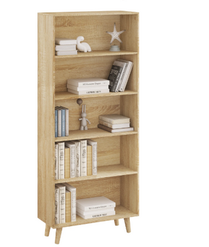 Boekenkast met 5 Vakken – Moderne Staande Opbergkast van Hout & Metaal, Wit/Licht Eiken