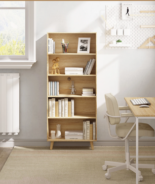 Boekenkast met 5 Vakken – Moderne Staande Opbergkast van Hout & Metaal, Wit/Licht Eiken