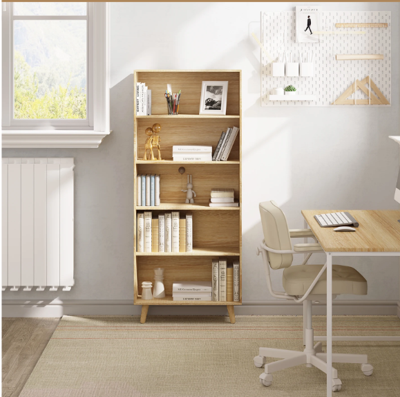 Boekenkast met 5 Vakken – Moderne Staande Opbergkast van Hout & Metaal, Wit/Licht Eiken