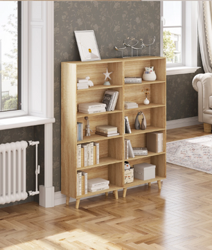 Boekenkast met 5 Vakken – Moderne Staande Opbergkast van Hout & Metaal, Wit/Licht Eiken