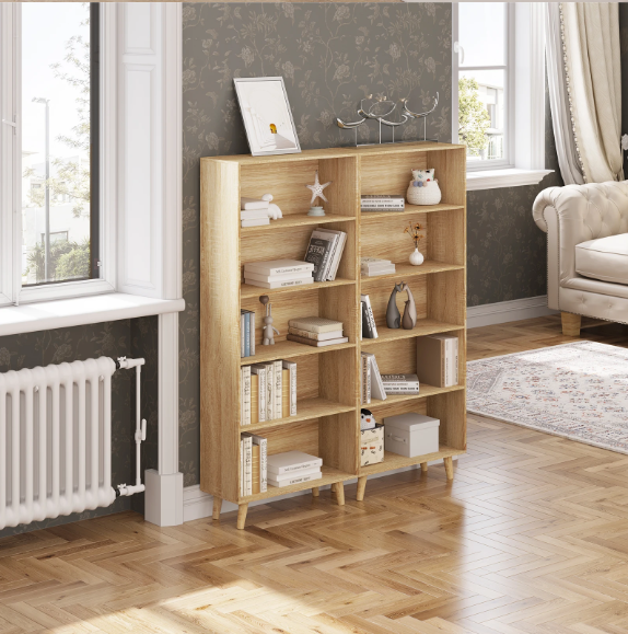 Boekenkast met 5 Vakken – Moderne Staande Opbergkast van Hout & Metaal, Wit/Licht Eiken