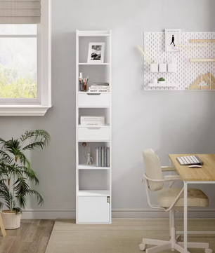 Smalle Hoge Boekenkast met 6 Vakken, 2 Lades & Deurvak – Vrijstaand Opslagrek