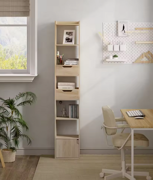 Smalle Hoge Boekenkast met 6 Vakken, 2 Lades & Deurvak – Vrijstaand Opslagrek