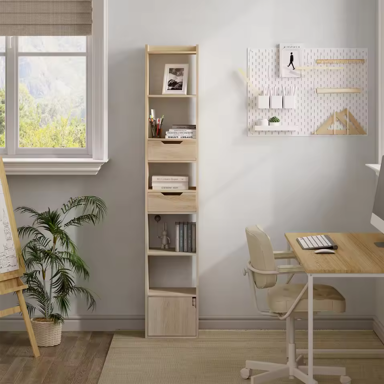 Smalle Hoge Boekenkast met 6 Vakken, 2 Lades & Deurvak – Vrijstaand Opslagrek