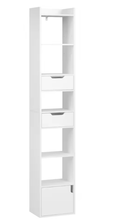 Smalle Hoge Boekenkast met 6 Vakken, 2 Lades & Deurvak – Vrijstaand Opslagrek