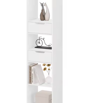 Smalle Hoge Boekenkast met 6 Vakken, 2 Lades & Deurvak – Vrijstaand Opslagrek