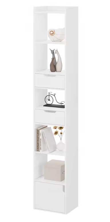 Smalle Hoge Boekenkast met 6 Vakken, 2 Lades & Deurvak – Vrijstaand Opslagrek