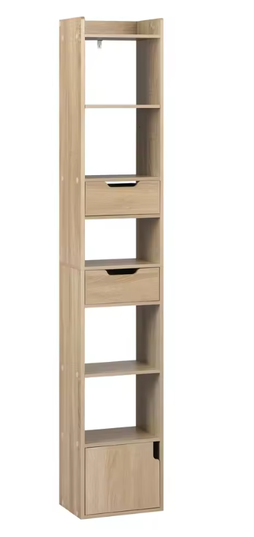 Smalle Hoge Boekenkast met 6 Vakken, 2 Lades & Deurvak – Vrijstaand Opslagrek