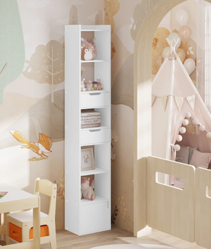 Smalle Hoge Boekenkast met 6 Vakken, 2 Lades & Deurvak – Vrijstaand Opslagrek