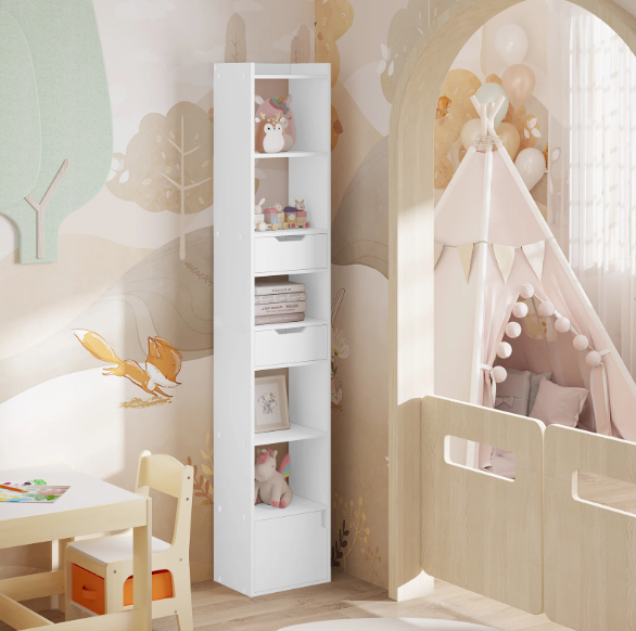 Smalle Hoge Boekenkast met 6 Vakken, 2 Lades & Deurvak – Vrijstaand Opslagrek