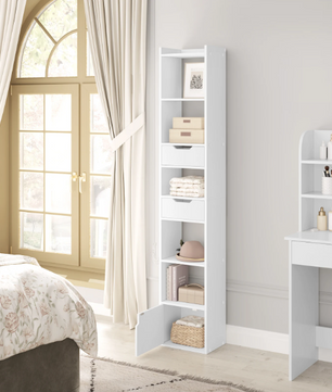 Smalle Hoge Boekenkast met 6 Vakken, 2 Lades & Deurvak – Vrijstaand Opslagrek