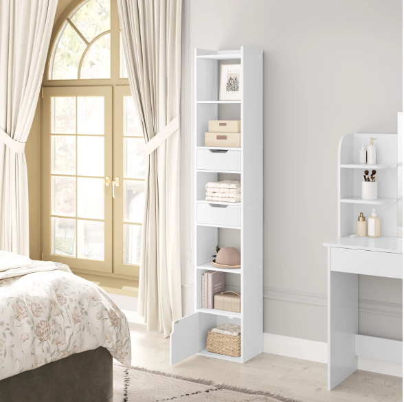 Smalle Hoge Boekenkast met 6 Vakken, 2 Lades & Deurvak – Vrijstaand Opslagrek