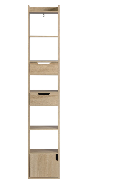 Smalle Hoge Boekenkast met 6 Vakken, 2 Lades & Deurvak – Vrijstaand Opslagrek
