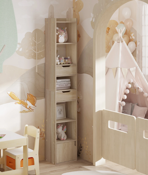 Smalle Hoge Boekenkast met 6 Vakken, 2 Lades & Deurvak – Vrijstaand Opslagrek