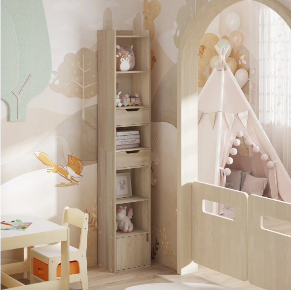 Smalle Hoge Boekenkast met 6 Vakken, 2 Lades & Deurvak – Vrijstaand Opslagrek