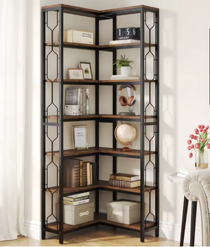 Industriële Hoekboekenkast – 7-Lagen Houten & Metalen Opbergrek