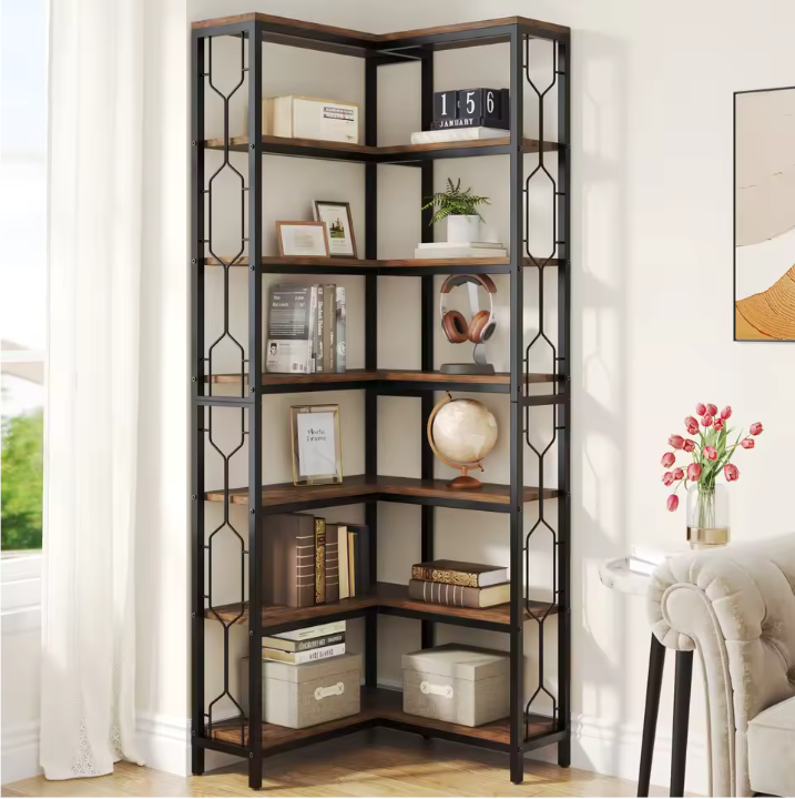 Industriële Hoekboekenkast – 7-Lagen Houten & Metalen Opbergrek