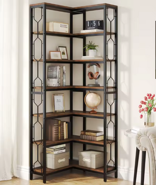Industriële Hoekboekenkast – 7-Lagen Houten & Metalen Opbergrek
