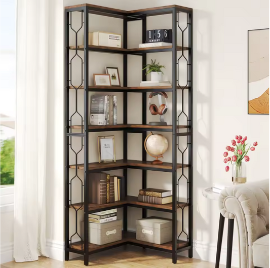 Industriële Hoekboekenkast – 7-Lagen Houten & Metalen Opbergrek
