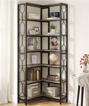 Industriële Hoekboekenkast – 7-Lagen Houten & Metalen Opbergrek
