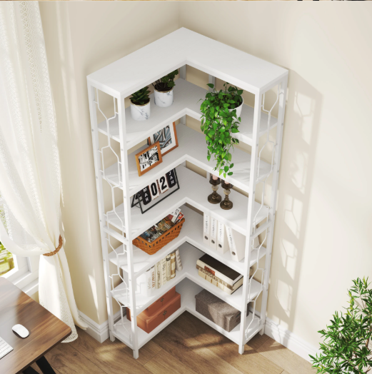 Industriële Hoekboekenkast – 7-Lagen Houten & Metalen Opbergrek