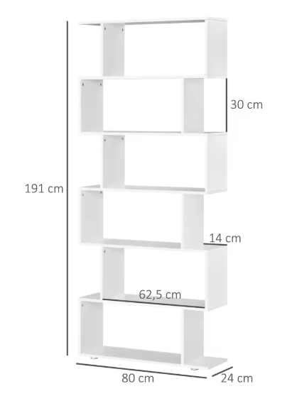 Witte Boekenkast S-Vorm – 6 Open Planken 191 cm Hoog