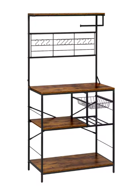 Keukenrek met 5 Planken – Vrijstaand Opbergrek met Mand & Rolhouder, 168 cm Hoog