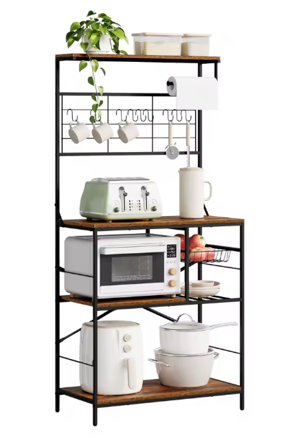 Keukenrek met 5 Planken – Vrijstaand Opbergrek met Mand & Rolhouder, 168 cm Hoog