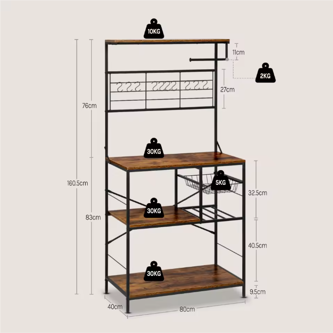 Keukenrek met 5 Planken – Vrijstaand Opbergrek met Mand & Rolhouder, 168 cm Hoog