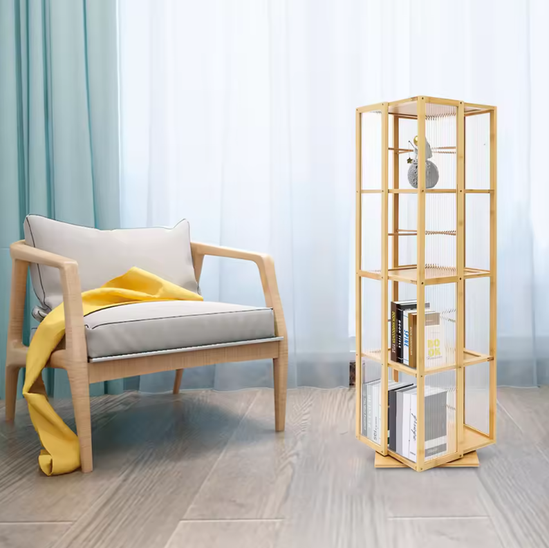 Draaibare Boekenkast 360° – Bamboe Opbergrek met 4 Lagen, 123 cm Hoog