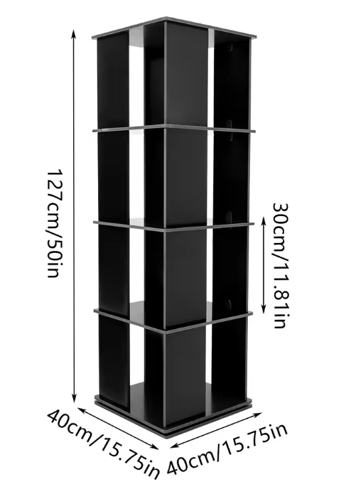 Draaibare Boekenkast 360° – Zwarte Boekenkolom met 4 Lagen, 127 cm Hoog
