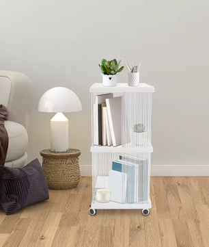 Draaibare Boekenkast met Wielen – 2 Lagen Opbergrek van PET & ABS, 72,5 cm Hoog