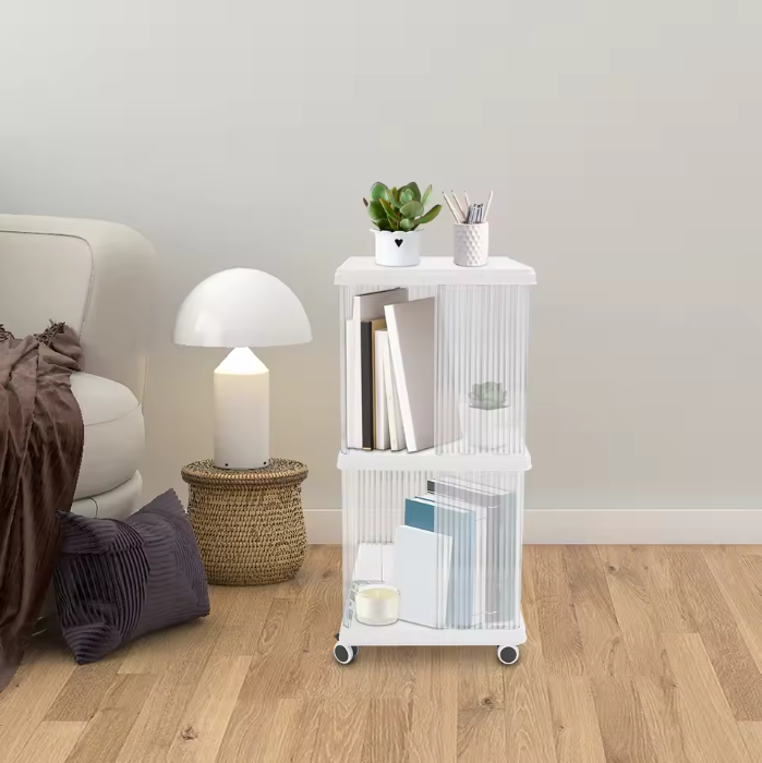 Draaibare Boekenkast met Wielen – 2 Lagen Opbergrek van PET & ABS, 72,5 cm Hoog