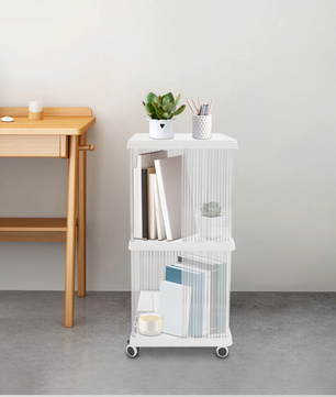 Draaibare Boekenkast met Wielen – 2 Lagen Opbergrek van PET & ABS, 72,5 cm Hoog
