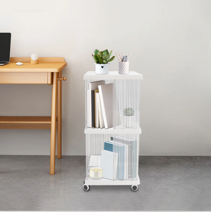 Draaibare Boekenkast met Wielen – 2 Lagen Opbergrek van PET & ABS, 72,5 cm Hoog