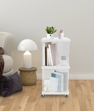 Draaibare Boekenkast met Wielen – 2 Lagen Opbergrek van PET & ABS, 72,5 cm Hoog