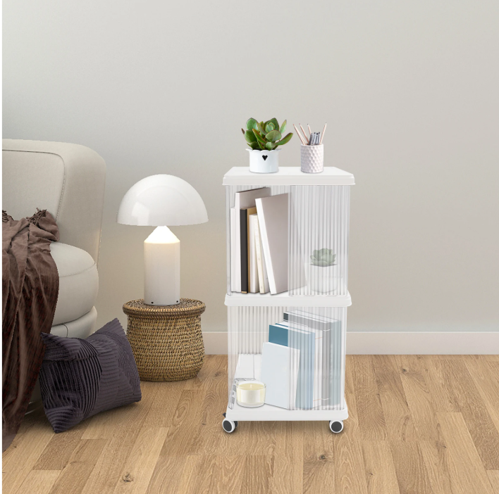 Draaibare Boekenkast met Wielen – 2 Lagen Opbergrek van PET & ABS, 72,5 cm Hoog