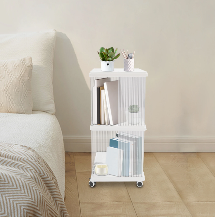 Draaibare Boekenkast met Wielen – 2 Lagen Opbergrek van PET & ABS, 72,5 cm Hoog
