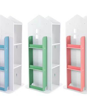Draaibare Kinderboekenkast – 4 Lagen Boekenrek in Kasteelontwerp, 95 cm Hoog