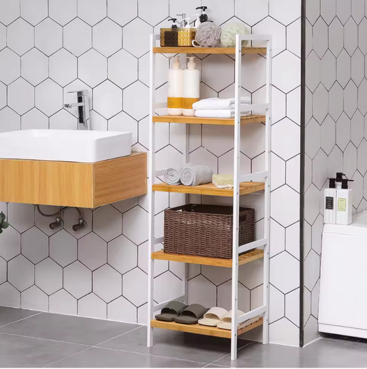 Bamboe Opbergrek – 5-Laags Vrijstaand Plankenrek voor Badkamer, Keuken & Woonkamer