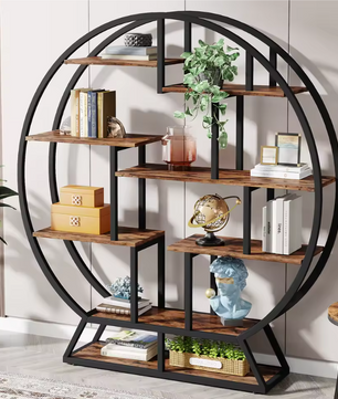 Ronde Boekenkast – Industrieel Wandrek met 14 Open Planken, Metaal & Hout