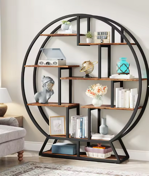 Ronde Boekenkast – Industrieel Wandrek met 14 Open Planken, Metaal & Hout