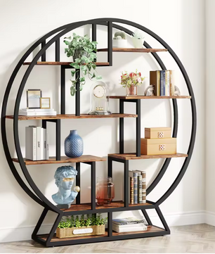 Ronde Boekenkast – Industrieel Wandrek met 14 Open Planken, Metaal & Hout