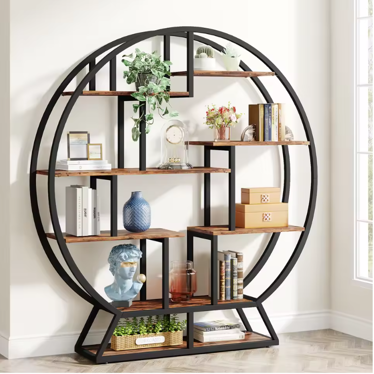 Ronde Boekenkast – Industrieel Wandrek met 14 Open Planken, Metaal & Hout