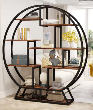 Ronde Boekenkast – Industrieel Wandrek met 14 Open Planken, Metaal & Hout