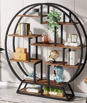 Ronde Boekenkast – Industrieel Wandrek met 14 Open Planken, Metaal & Hout